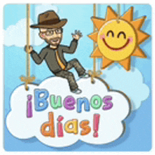 a cartoon man is sitting on a cloud with a sun and the words buenos dias .