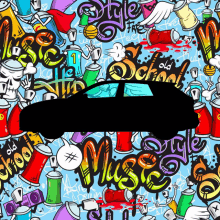 a car is silhouetted against a graffiti background with the word music