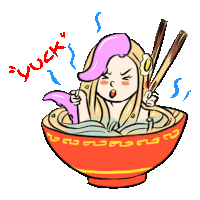 a cartoon of a mermaid in a bowl of noodles with chopsticks and the word yuck above her