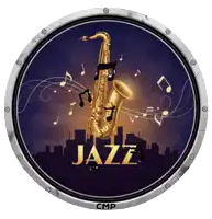 a picture of a saxophone with the word jazz written on it