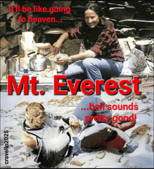 a poster for mt. everest shows a woman sitting next to a man laying in the snow