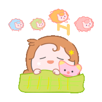 a cartoon drawing of a girl sleeping with sheep flying around her