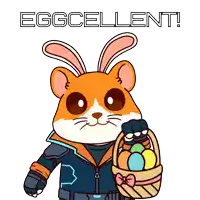 a hamster with bunny ears is holding a basket of easter eggs under the words eggcellent