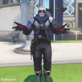 a video game character is standing with his arms outstretched in front of a building ..