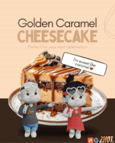 a poster for golden caramel cheesecake with two cartoon characters on it