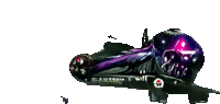 a purple and black space ship with a skull on it