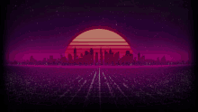 a sunset over a city with a purple background