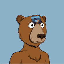 a cartoon bear with a blue square on its head