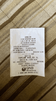 a receipt from a bank that says qnb finansbank on it