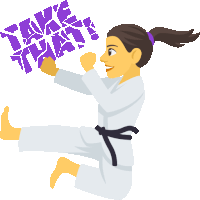 a woman in a white karate uniform kicking a sign that says take that