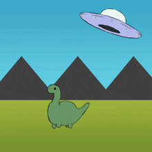 a cartoon drawing of a dinosaur and a purple ufo