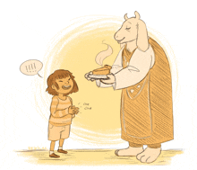 a drawing of a goat giving a piece of cake to a girl