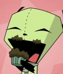 a cartoon character is holding a cupcake in his mouth and laughing .