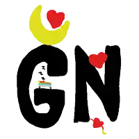 a drawing of the letter gn with a yellow crescent moon and red hearts