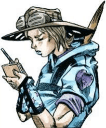 a cartoon of a man wearing a hat and holding a cell phone in his hand .