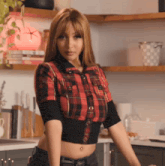 a woman in a plaid shirt has a belly button ring