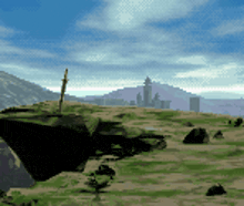 a video game scene with a sword on a rock