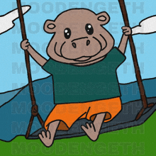 a cartoon of a pig sitting on a swing with the word moodengeth behind him