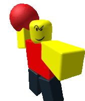 a yellow and red roblox character is holding a red boxing glove over his head