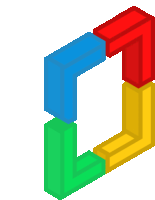 a red blue green and yellow cube with the letter j in the middle