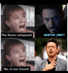 a meme of a woman screaming that the floors collapsed and a man saying martian army