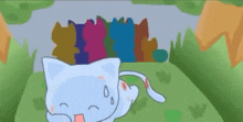 a cartoon cat is laying in the grass with a bunch of cats behind it .