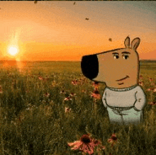 a cartoon dog is standing in a field of flowers with the sun setting in the background .