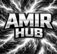 a black and white logo for amir hub with lightning bolts in the background