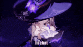 a girl in a purple hat with purple flowers and the words hi chat below her