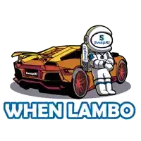 a cartoon of an astronaut standing next to a lamborghini with the words " when lambo " on the bottom