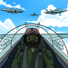 a cartoon of a man in a fighter jet with the letter h on his chest