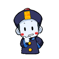 a cartoon character wearing a blue hat with a yellow sticker on it