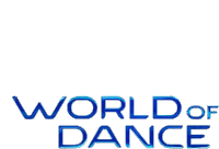 a logo for world of dance in blue letters on a white background