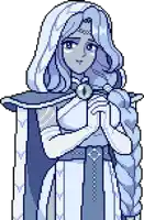 a pixel art drawing of a woman with long hair and a hood .