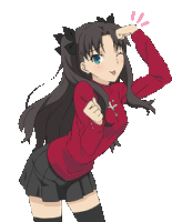 a girl in a red sweater and black skirt is making a funny face .