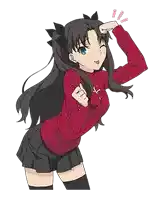 a girl in a red sweater and black skirt is making a funny face .