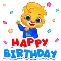 a happy birthday sticker with a cartoon character in a blue shirt