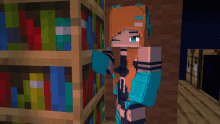 a girl in a minecraft video game is standing in front of a bookshelf