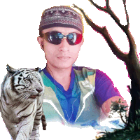 a man wearing sunglasses is standing next to a tiger