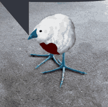 a white bird with blue feet and a red heart on its chest