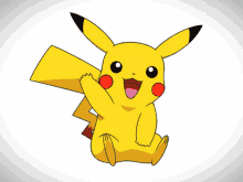 a pikachu cartoon character is sitting down and waving his hand