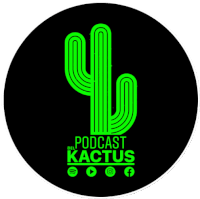 a logo for podcast del kaktus with a green cactus on a black background