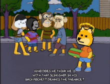 bart simpson is holding a skateboard in his back pocket and talking to a group of people