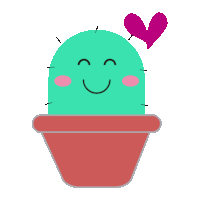 a smiling cactus with a pink heart on top of it