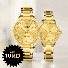 a pair of gold curren watches with roman numerals on the faces