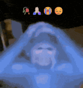 a pixel art drawing of a person with various emojis including a praying hand and a crying face