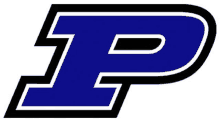 the letter p is blue and black with a white outline .