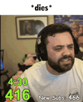 a man with a beard wearing headphones and a shirt that says 4:30 416 new subs 666