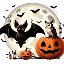 a bat and an owl are sitting on a pumpkin with a full moon in the background