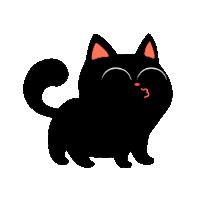 a black cat with orange ears and a pink nose is walking on a white background .